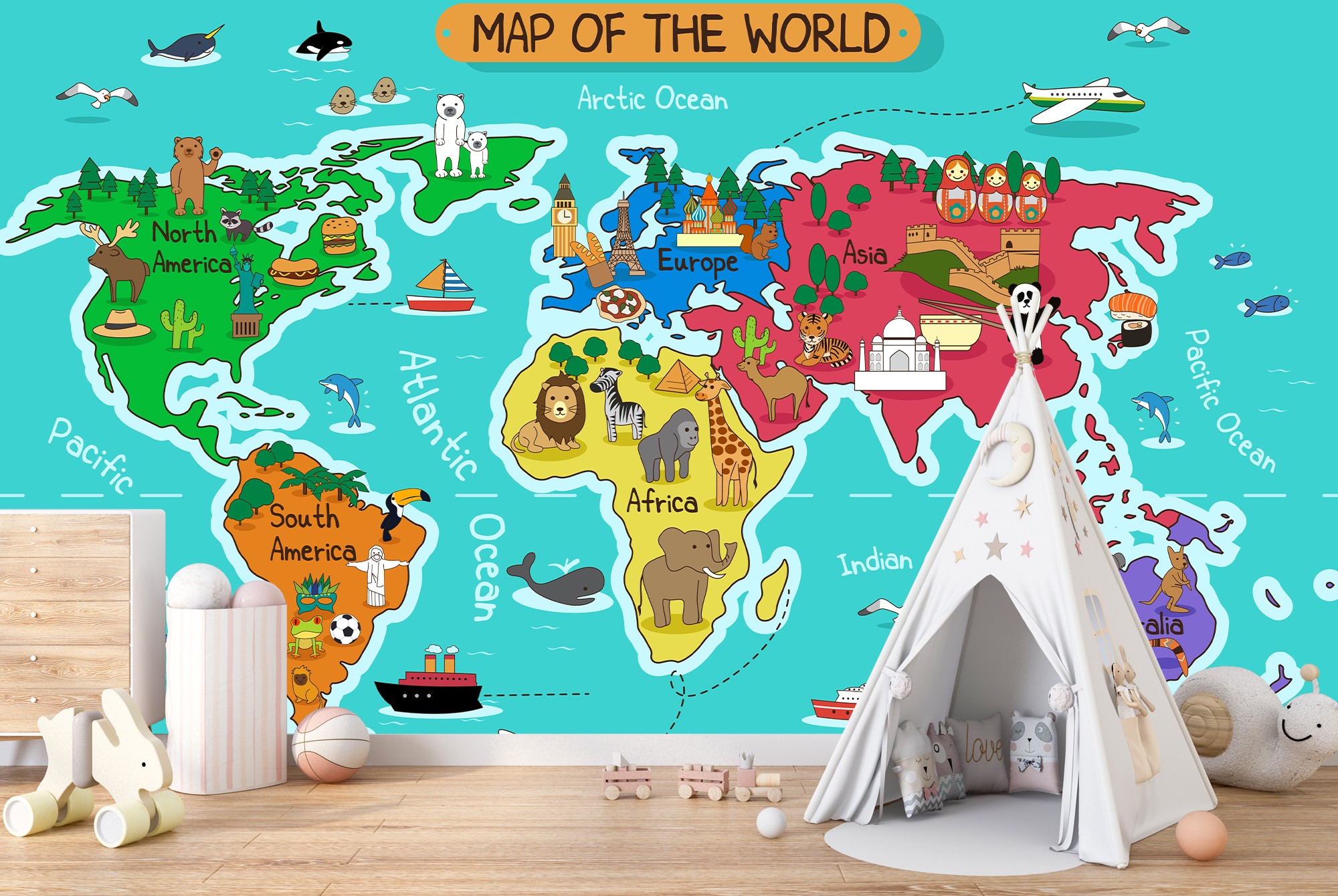 Cartoon World Map Papier Peint Photo Carte Papier peint Chambre