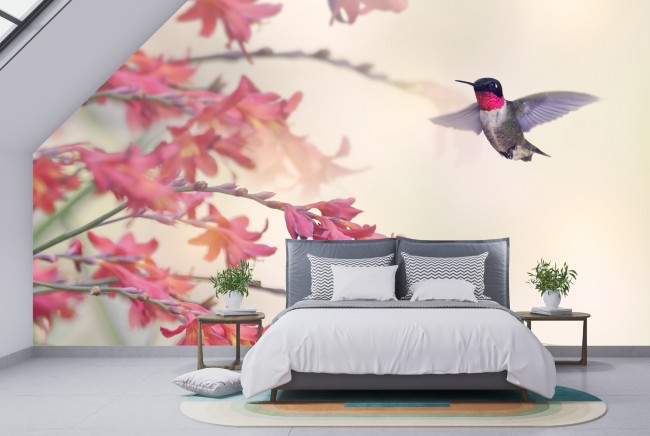 Pink Flowers Wall Mural Hummingbird Wallpaper Girls Bedroom Photo Home ...
